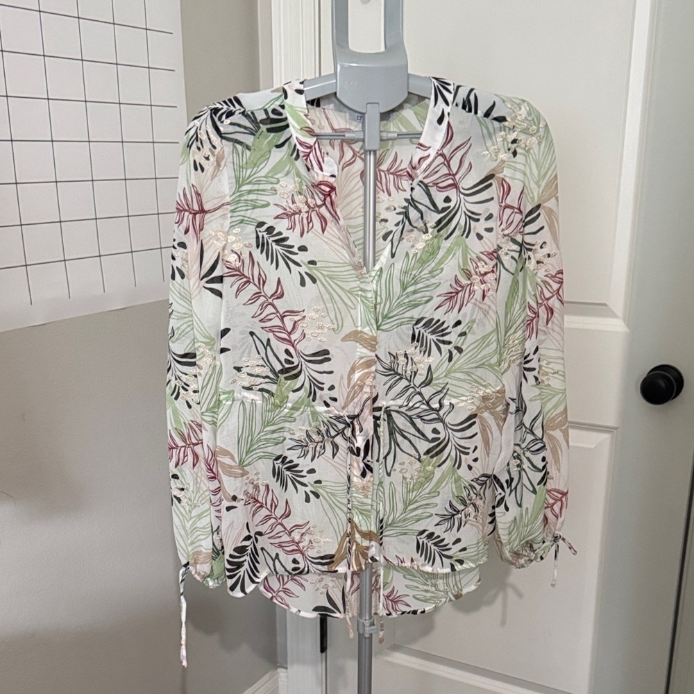 Chico's Tropical Leaf Print Blouse - Green, Pink, Black
